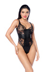 Edgy Bodysuit Blends Sheer Lace with Bold Faux Leather Black