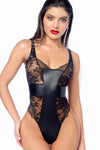 Edgy Bodysuit Blends Sheer Lace with Bold Faux Leather Black