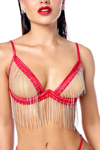 Spotlight Rhinestone Fringe Open Cup Bra Set Red