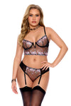 Sheer Embroidered Mesh V Wire Bra Set Black Hearts
