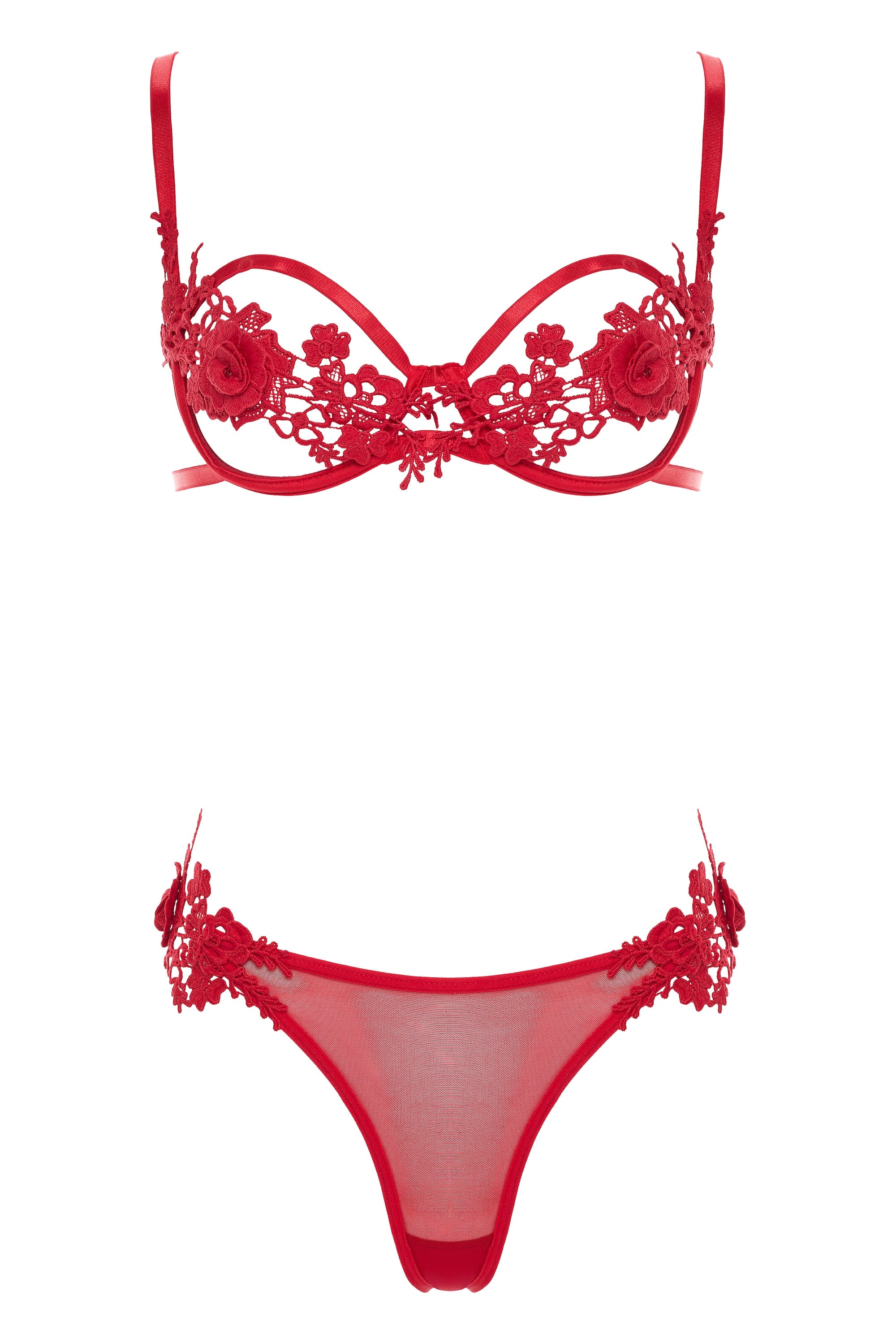 Sydney Applique Roses Open Cups Bra Set