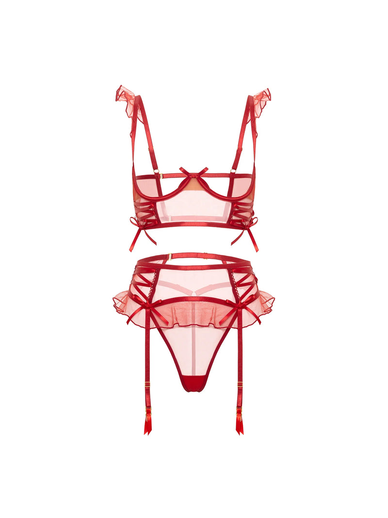 Darcy Sheer Tulle Open Cup Bra Set Red