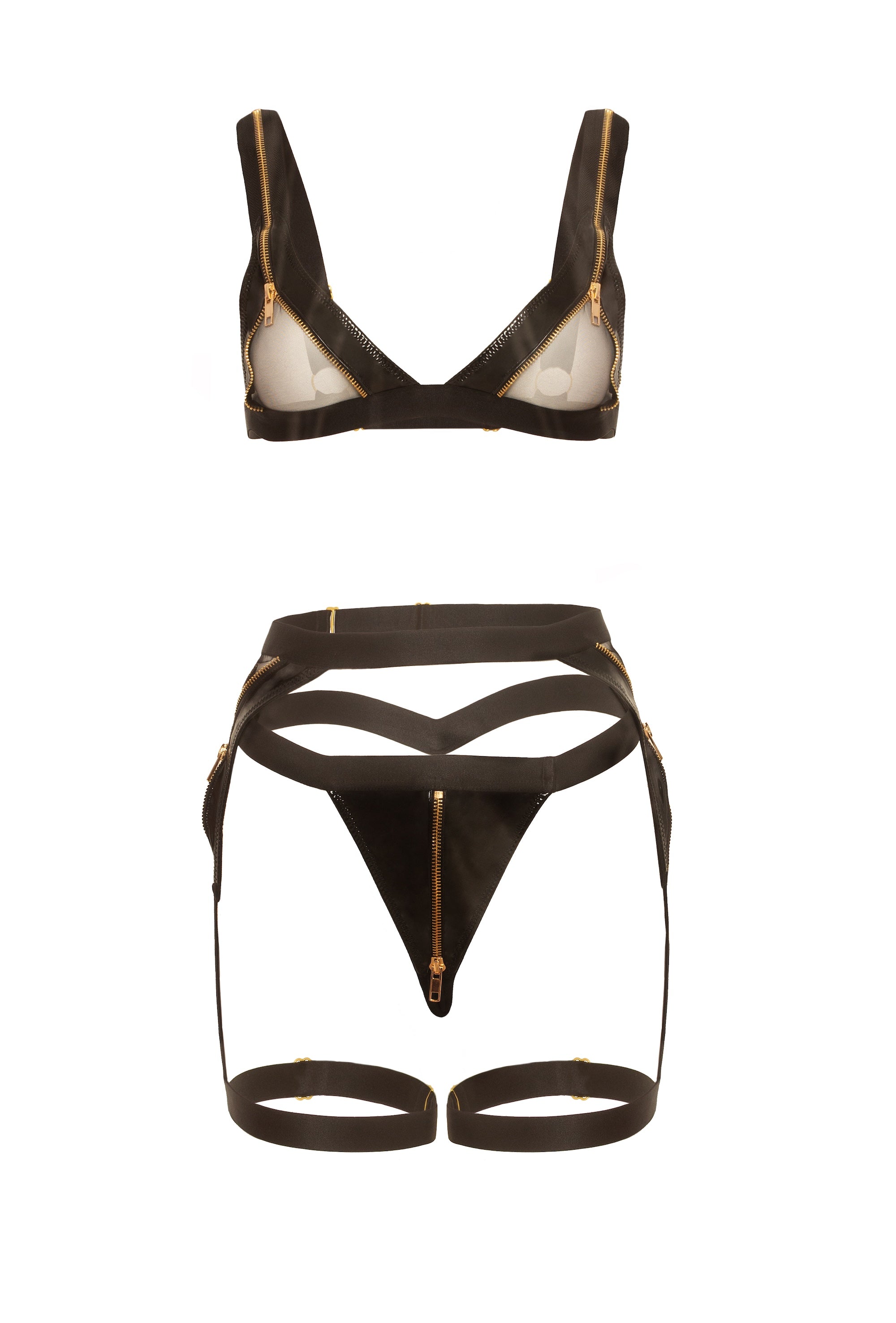 Exposed Zippered Gartered Bra Set