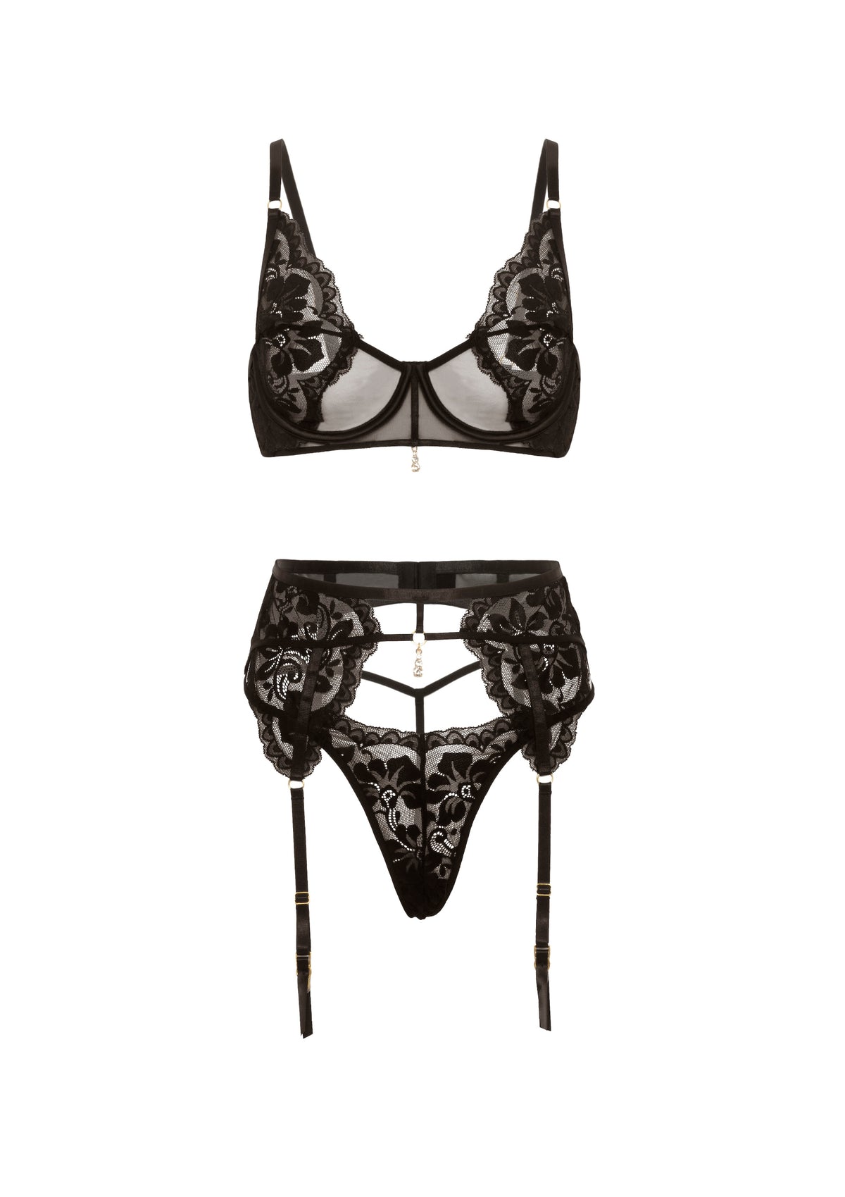 Femi Unlined Underwire Stretch Lace Bra Set w/Rhinestone Charm