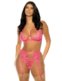Oh la la Cheri Aphrodite Lace Keyhole Bralette Garters G-String Bra Set Raspberry-Rebel Romance
