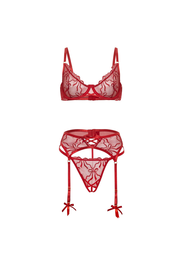 Mariah Sheer Gartered Bra Set Red Bows
