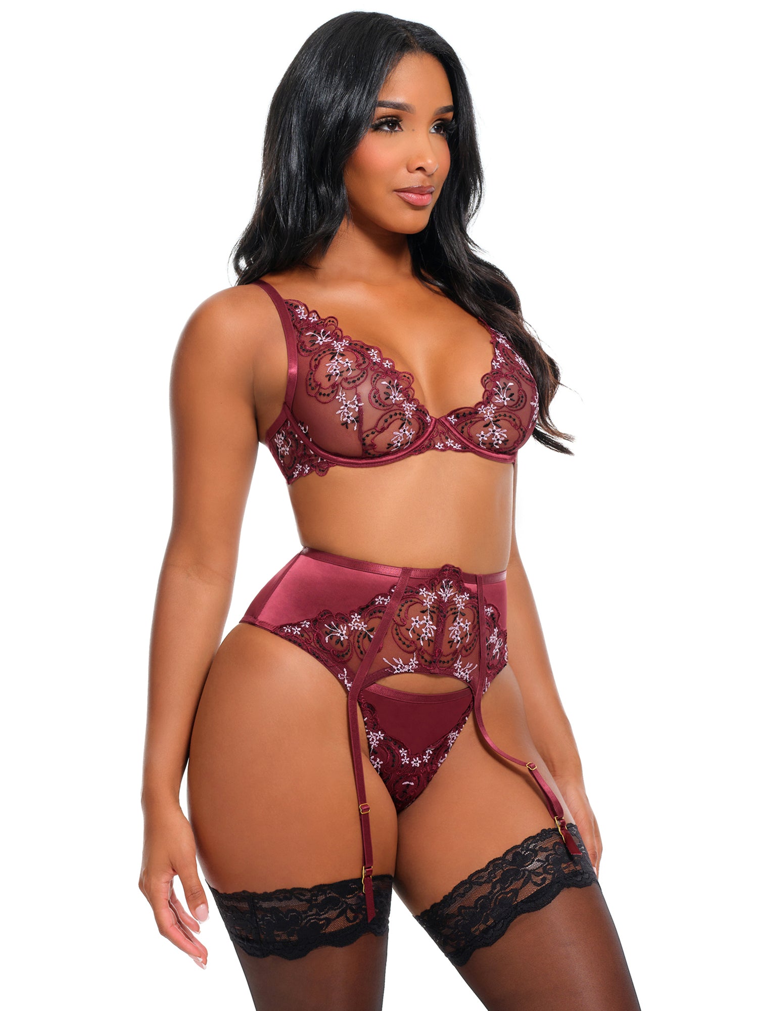 Eloise Sheer Embroidery Plunging Underwire Cups Bra Set