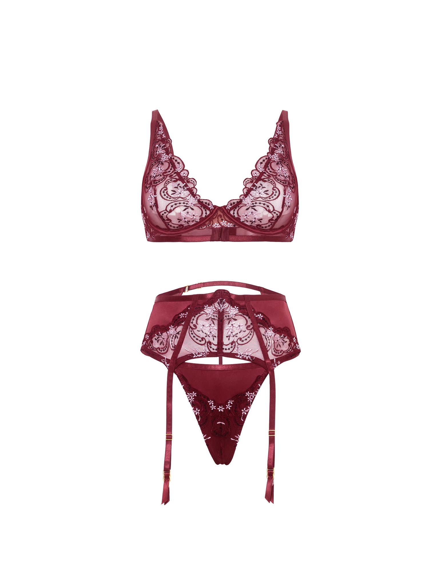Eloise Sheer Embroidery Plunging Underwire Cups Bra Set