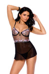 Sheer Embroidered Mesh V Wire Babydoll Set Black Hearts