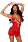 Scalloped Lace Rhinestones Chemise Babydoll Set Red