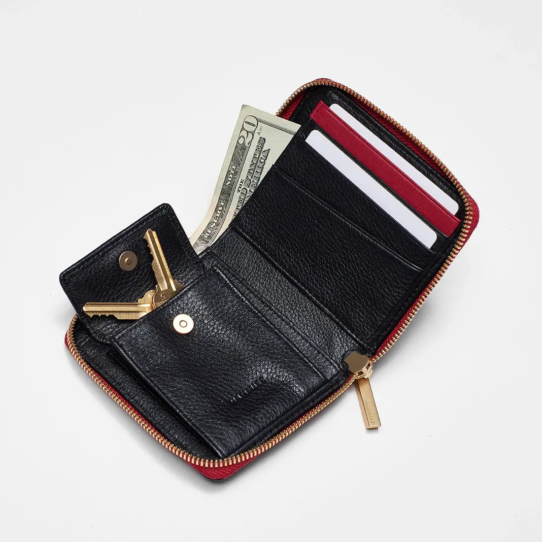 Hammitt 5 North Wallet Black/Brushed Gold Red Zip-Rebel Romance