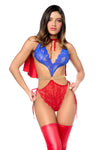 Woman wearing a red and blue lingerie set with a cape on a white background
