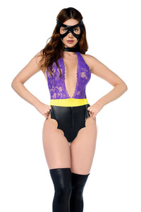 Model wearing a purple and black bodysuit with a yellow accent on a white background
