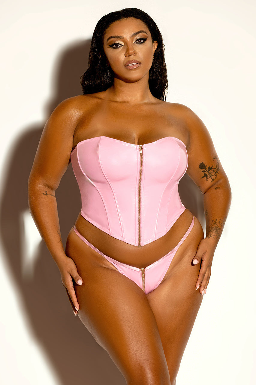 Rider Bustier Bra Set Zipper Front Vinyl Begonia Pink
