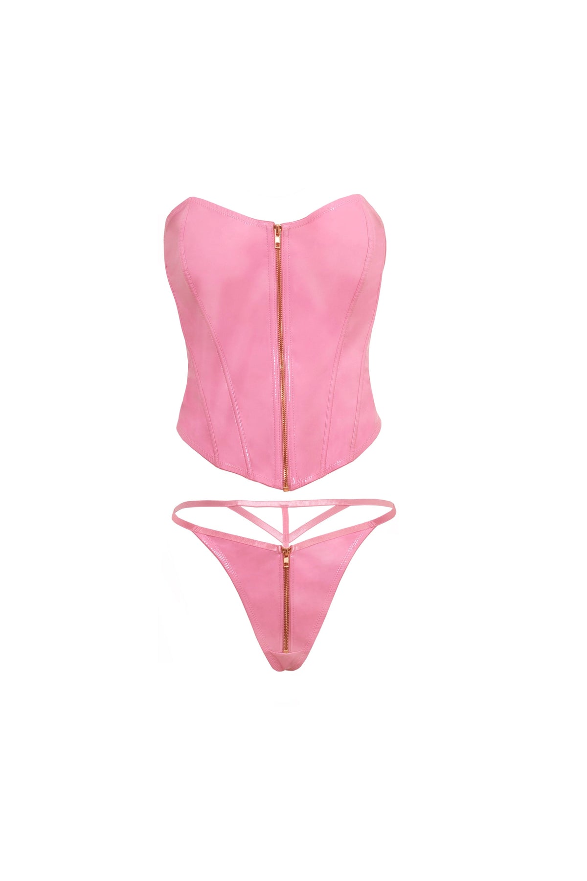 Rider Bustier Bra Set Zipper Front Vinyl Begonia Pink