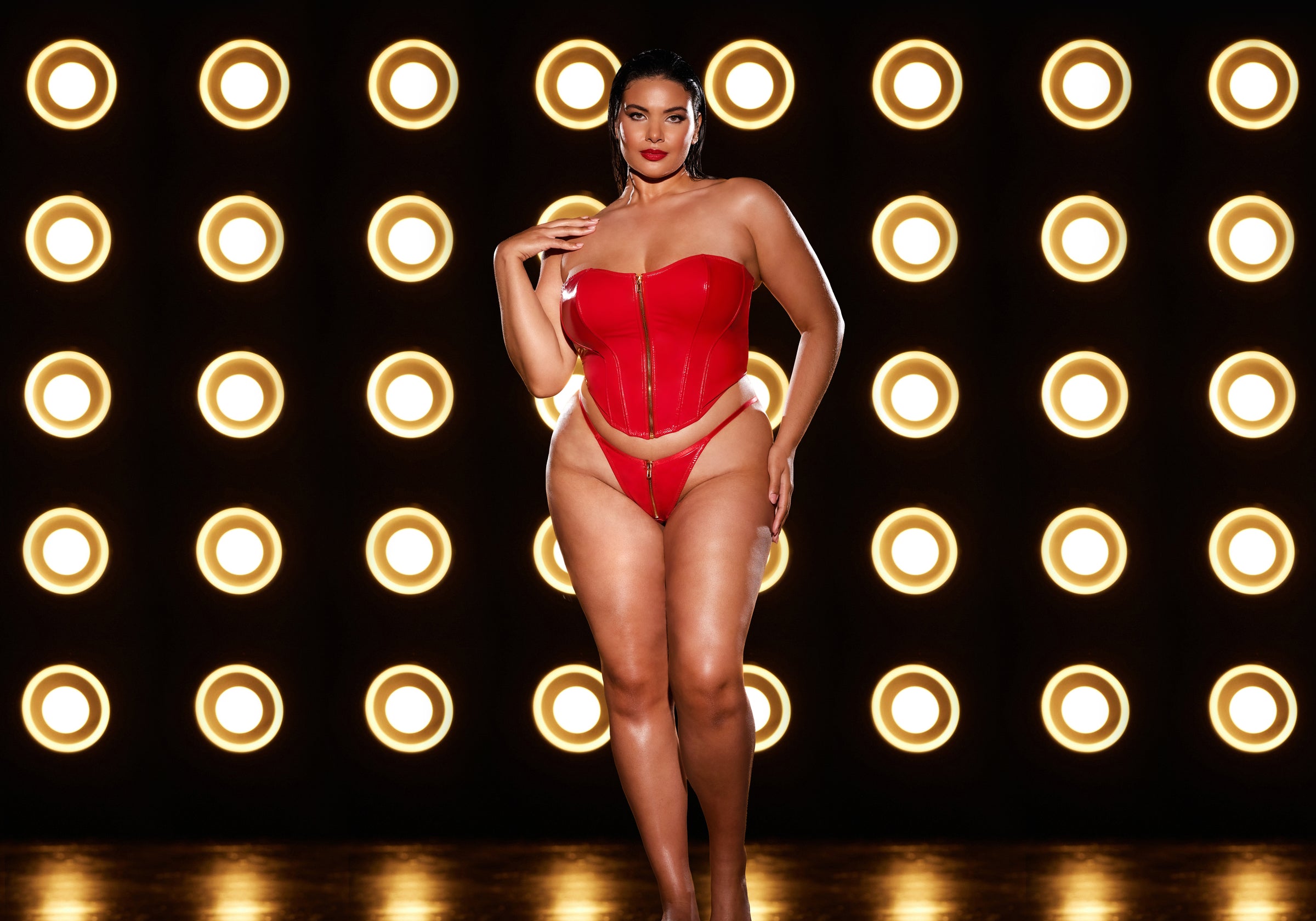 Oh la la Cheri Rider Bustier Bra Set Zipper Front Vinyl Red