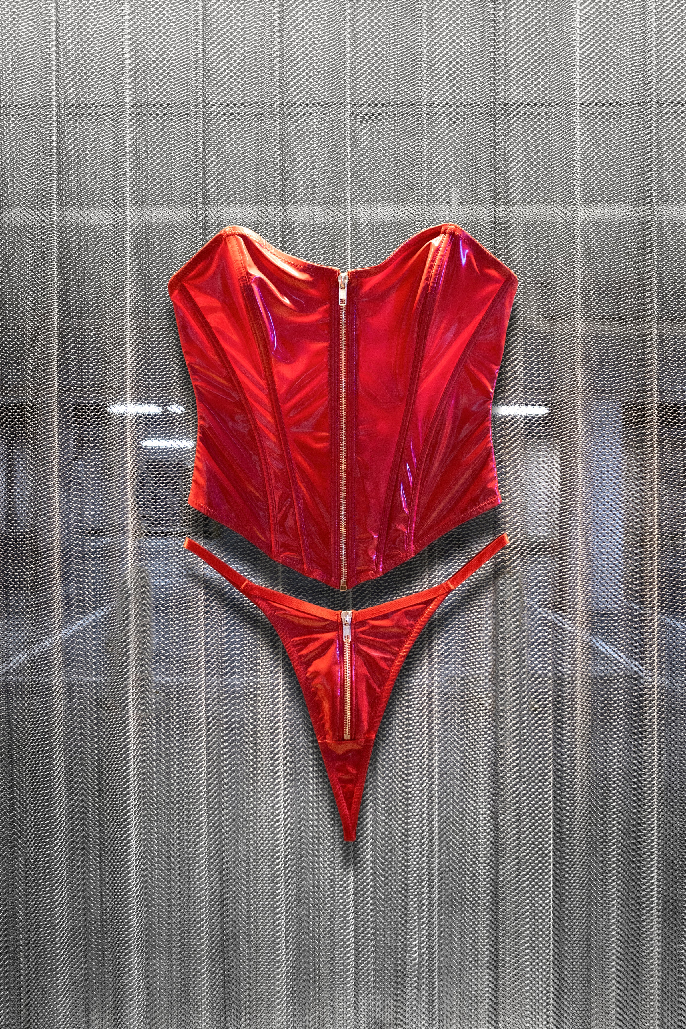 Oh la la Cheri Rider Bustier Bra Set Zipper Front Vinyl Red