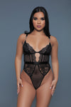 BeWicked Sexy Sheer Lace Camille Bodysuit Chain Details Black
