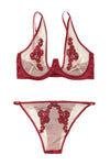 Coquette Plunge Underwire Bra Set Satin Sheer Nylon Applique Lace Merlot-Rebel Romance