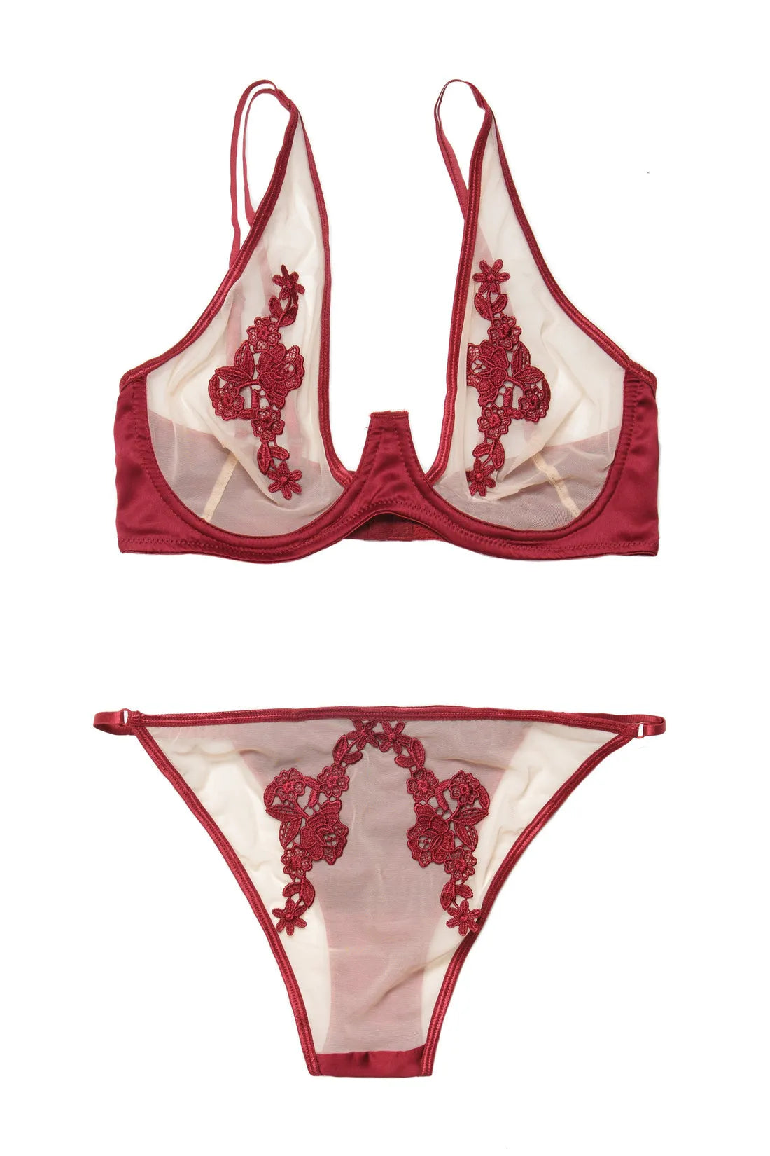 Coquette Plunge Underwire Bra Set Satin Sheer Nylon Applique Lace Merlot-Rebel Romance
