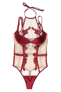 Coquette Gorgeous Satin Teddy Bodysuit Padded Demi Cups Merlot Red-Rebel Romance