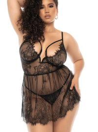 Mapale Queen Selma Eyelash Lace Underwire Strappy Cups Babydoll Black-Rebel Romance