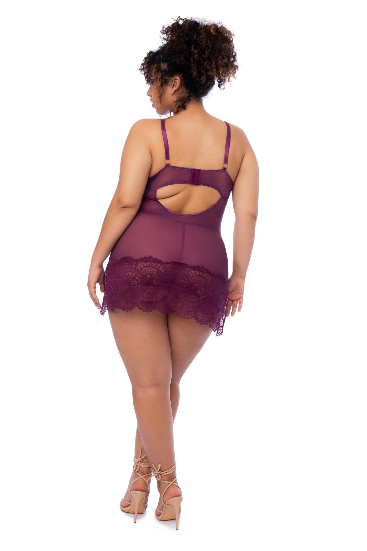 Mapale Plus Queen Eyelash Lace Sheer Underwire Babydoll Wine-Rebel Romance