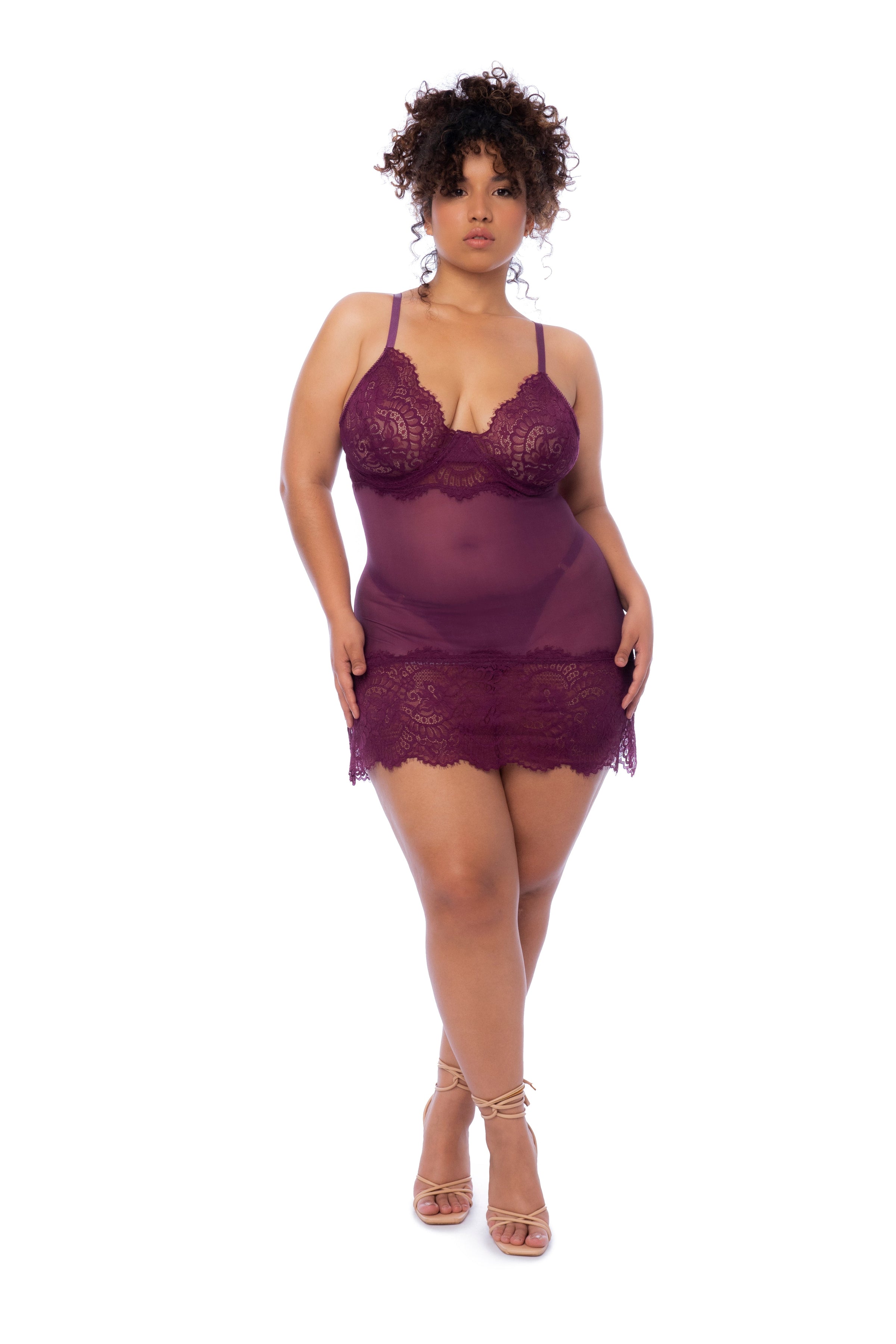 Mapale Plus Queen Eyelash Lace Sheer Underwire Babydoll Wine-Rebel Romance