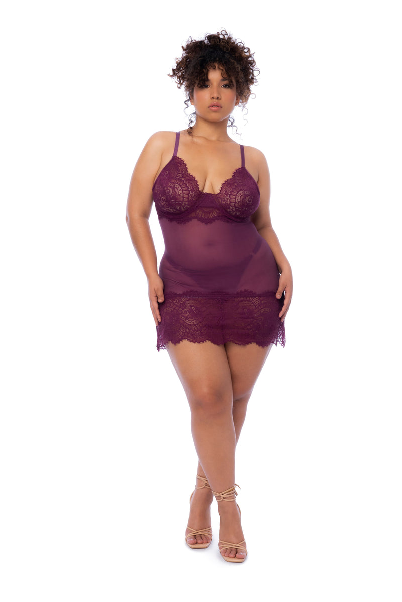 Mapale Plus Queen Eyelash Lace Sheer Underwire Babydoll Wine-Rebel Romance