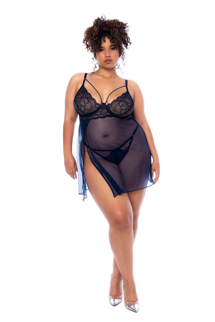 Mapale Plus Queen Modern Side Silts Underwire Babydoll Midnight Blue