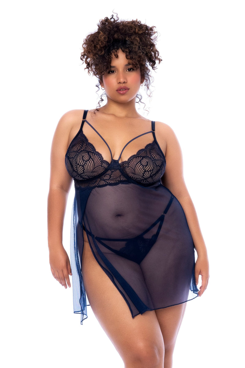 Mapale Plus Queen Modern Side Silts Underwire Babydoll Midnight Blue-Rebel Romance