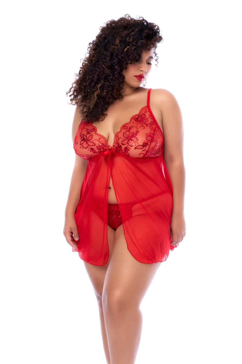 Mapale Plus Size Queen Sequins Floral Transparent Babydoll Red-Rebel Romance