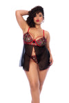 Mapale Plus Size Queen Embroidered Hearts Underwire Babydoll Black/Red-Rebel Romance