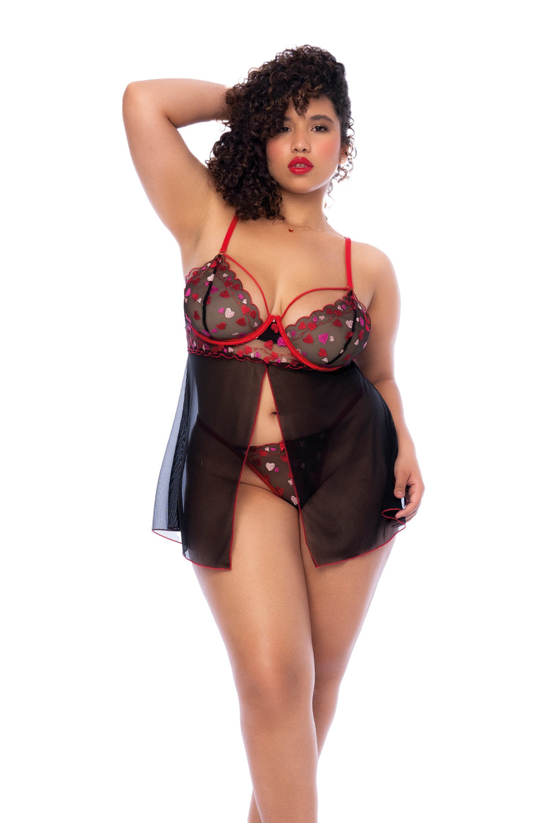 Mapale Plus Size Queen Embroidered Hearts Underwire Babydoll Black/Red-Rebel Romance