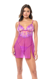 Sheer Mesh Floral Embroidery Babydoll Azalea Pink