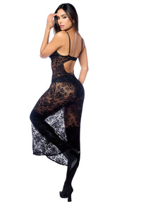 Elegance Edgy Lace Maxi Night Gown Faux Leather Cups Black