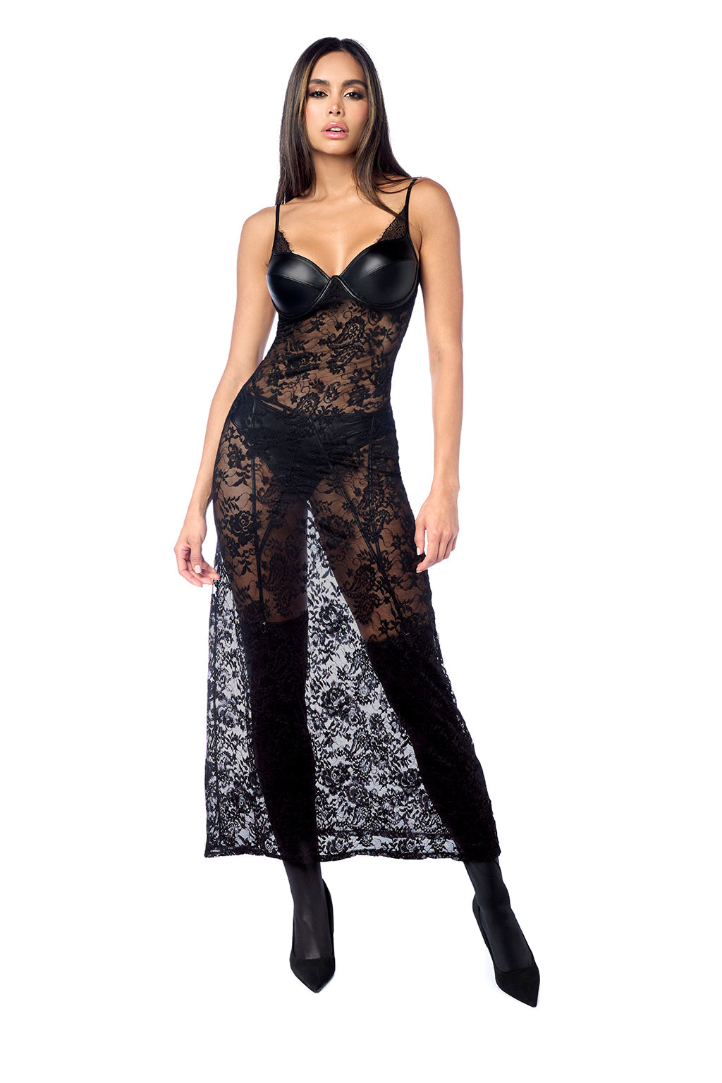 Elegance Edgy Lace Maxi Night Gown Faux Leather Cups Black