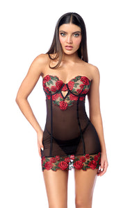 Romance Rose Embroidery Sheer Mesh Underwire Babydoll Set