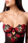 Romance Rose Embroidery Sheer Mesh Underwire Babydoll Set