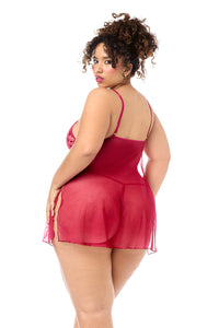 Queen Sheer Mesh Holiday Metallic Embroidered Cups Babydoll