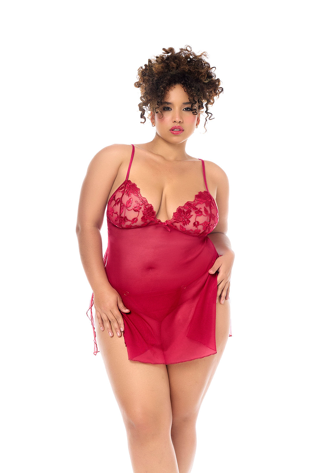 Queen Sheer Mesh Holiday Metallic Embroidered Cups Babydoll