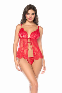 Flirty Peek-a-boo Lace Flyaway Babydoll Red