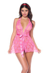 Pin Up Girl Doll Bows Babydoll Ruffle Trim Front Tie Pink