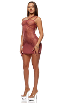 Forplay Lingerie Patch of Petals Sheer Mesh and Lace Chemise Mauve Spice