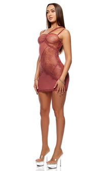 Forplay Lingerie Patch of Petals Sheer Mesh and Lace Chemise Mauve Spice