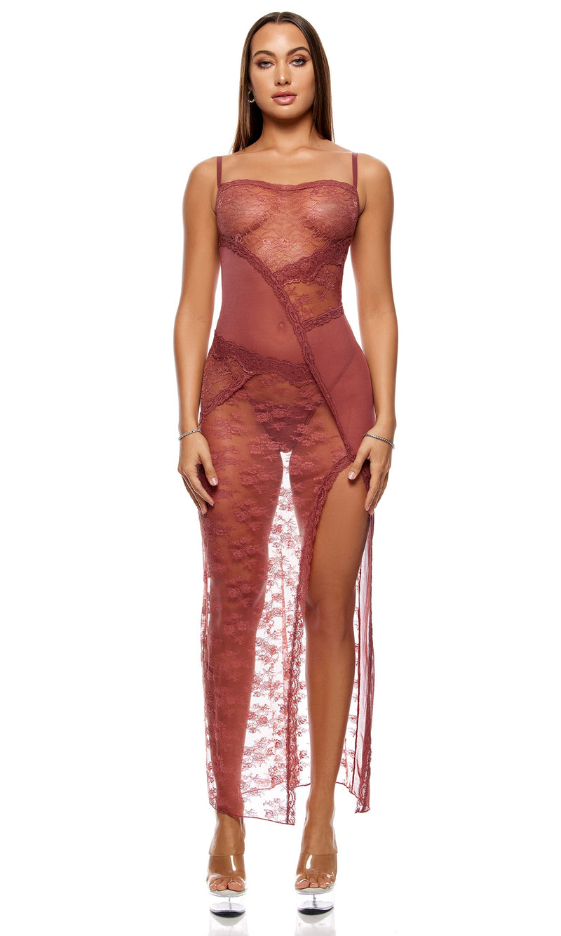 Forplay Lingerie Patch Of Petals Sheer Mesh and Lace Gown Mauve Spice