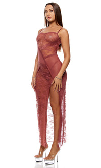 Forplay Lingerie Patch Of Petals Sheer Mesh and Lace Gown Mauve Spice