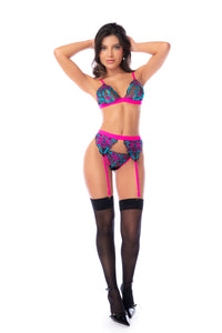 Glow Vibrant Embroidered Sequin Garter Bra Set