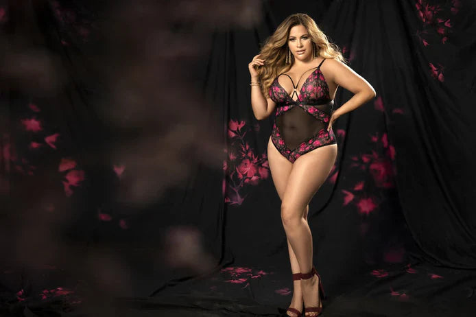 Mapale Lingerie Plus Demi Cup Lace & Mesh Teddy Black Hot Pink