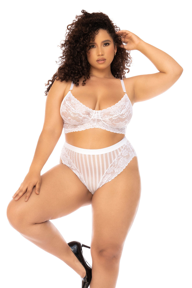 Mapale Queen Emberly Bridal Floral Lace Striped Mesh Bra Set White-Rebel Romance
